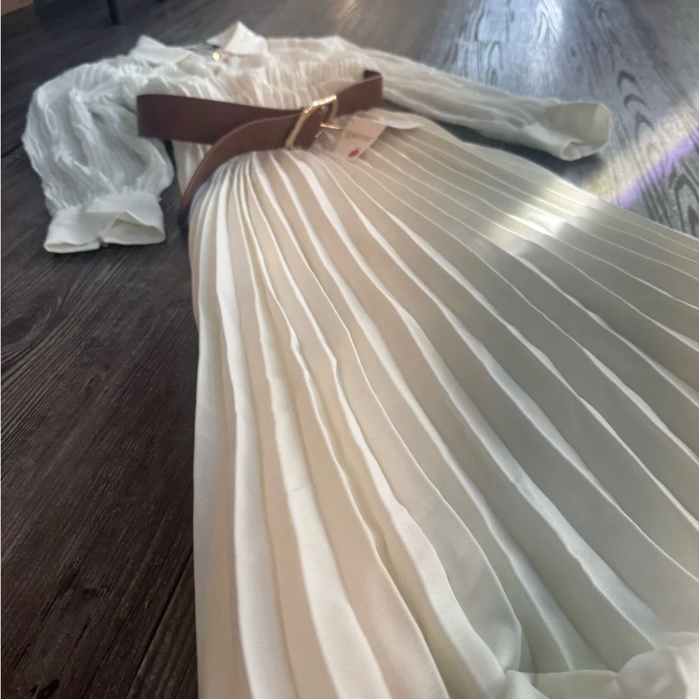 Zara Cream Long Sleeve Pleated Dress - Picture 6 of 8
